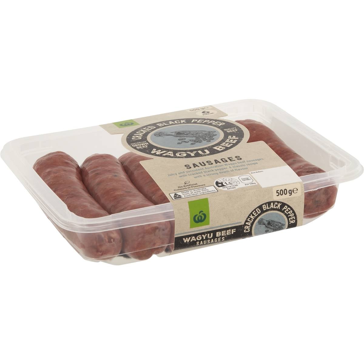 Woolworths Cracked Black Pepper & Wagyu Beef Sausages 500g Woolworths