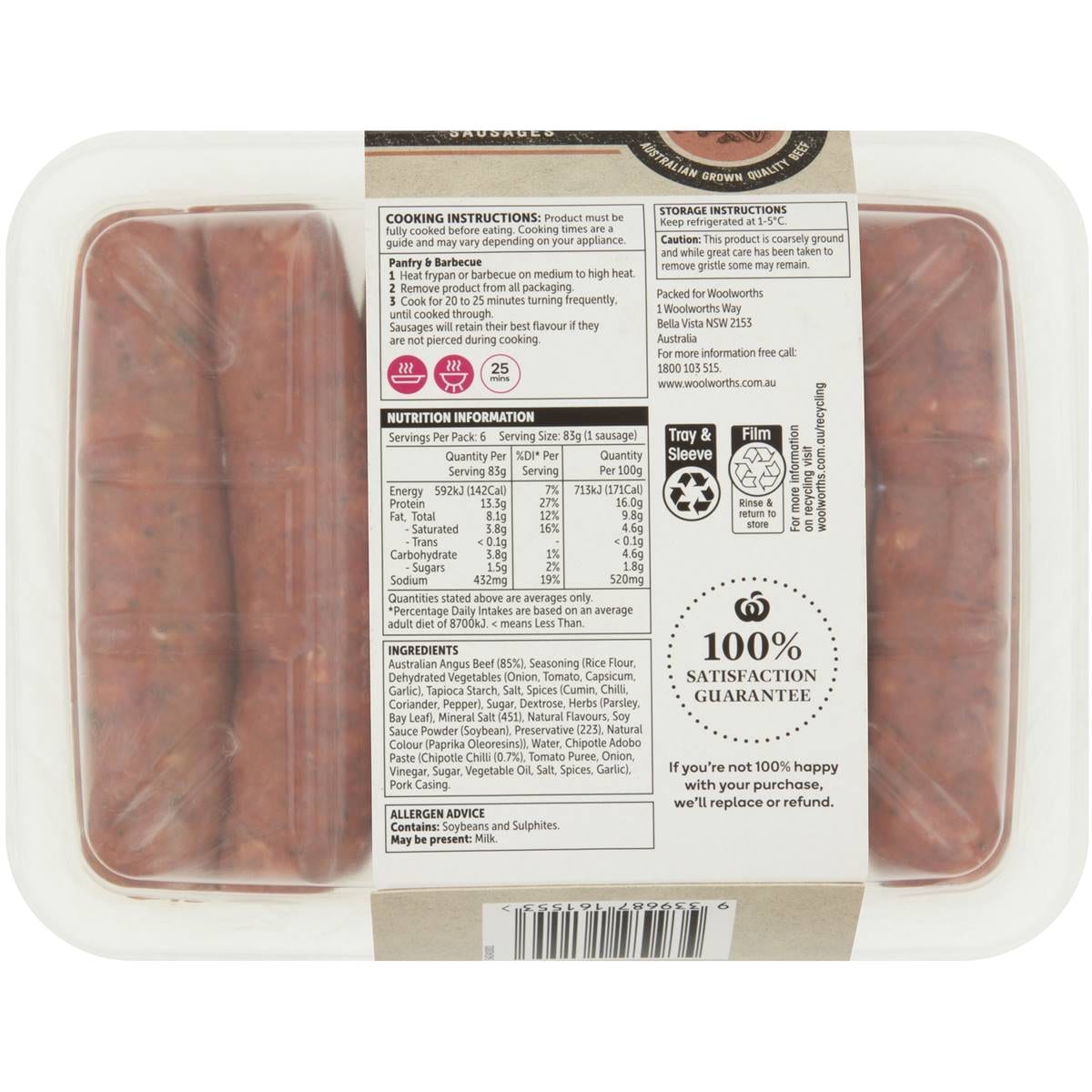 Woolworths Smokey Chipotle Chilli Angus Beef Sausages 500g Woolworths