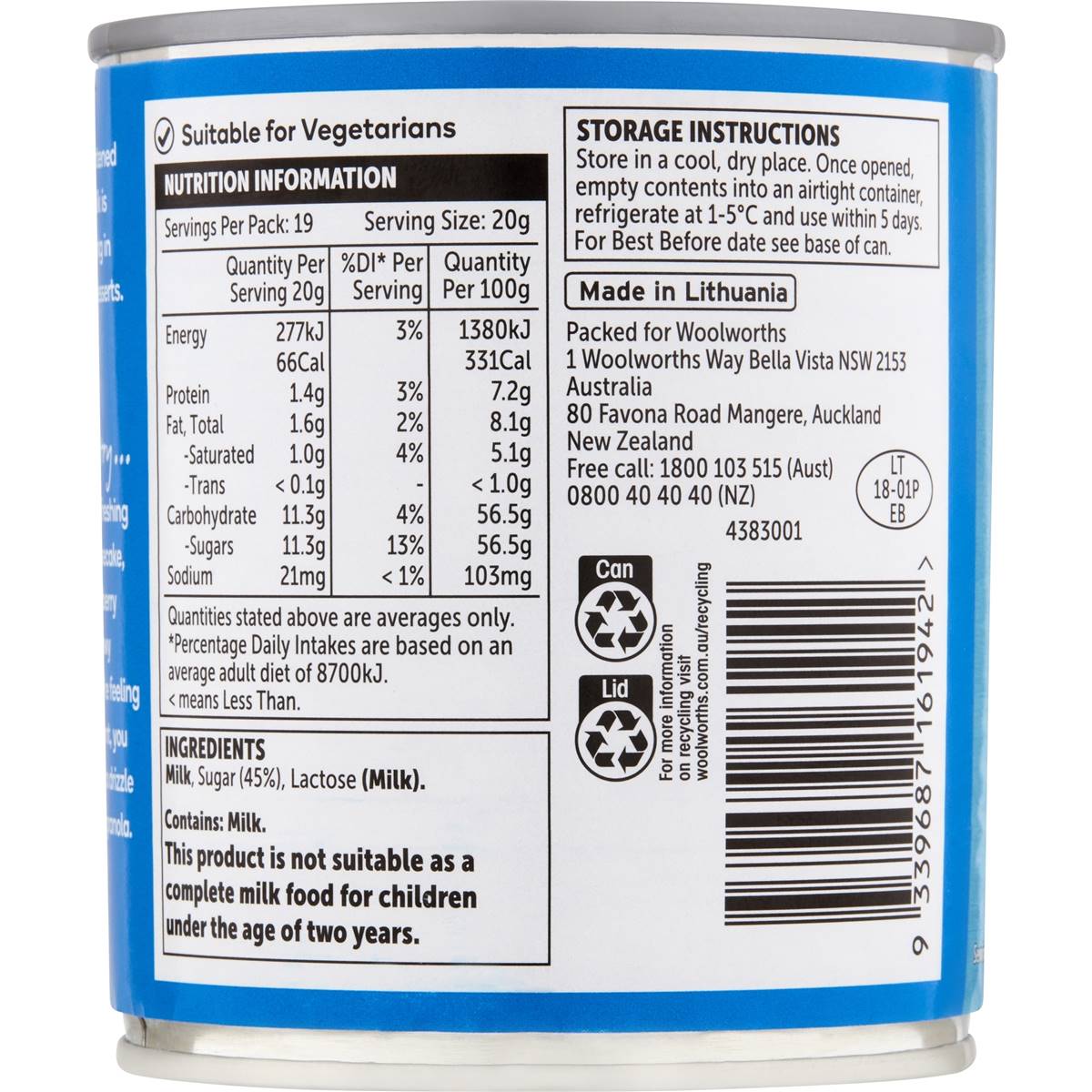 Woolworths Sweetened Condensed Milk 397g Woolworths