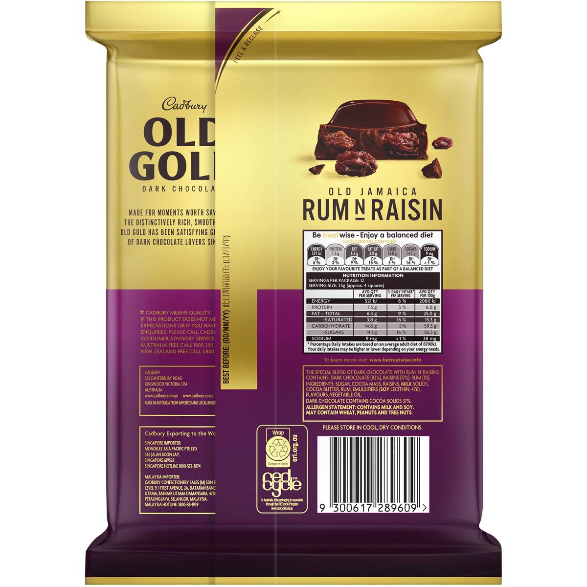 Cadbury Old Gold Dark Chocolate Old Jamaica Rum N Raisin Block 300g