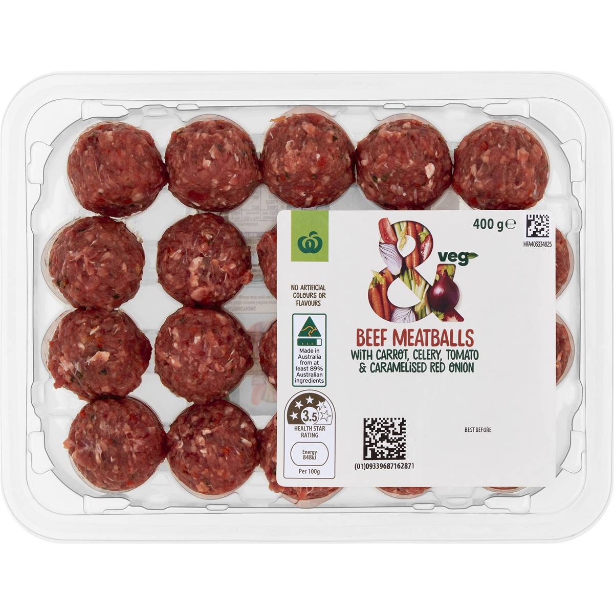 Woolworths &veg Beef Meatballs With Carrot Celery Tomato & Onion 400g