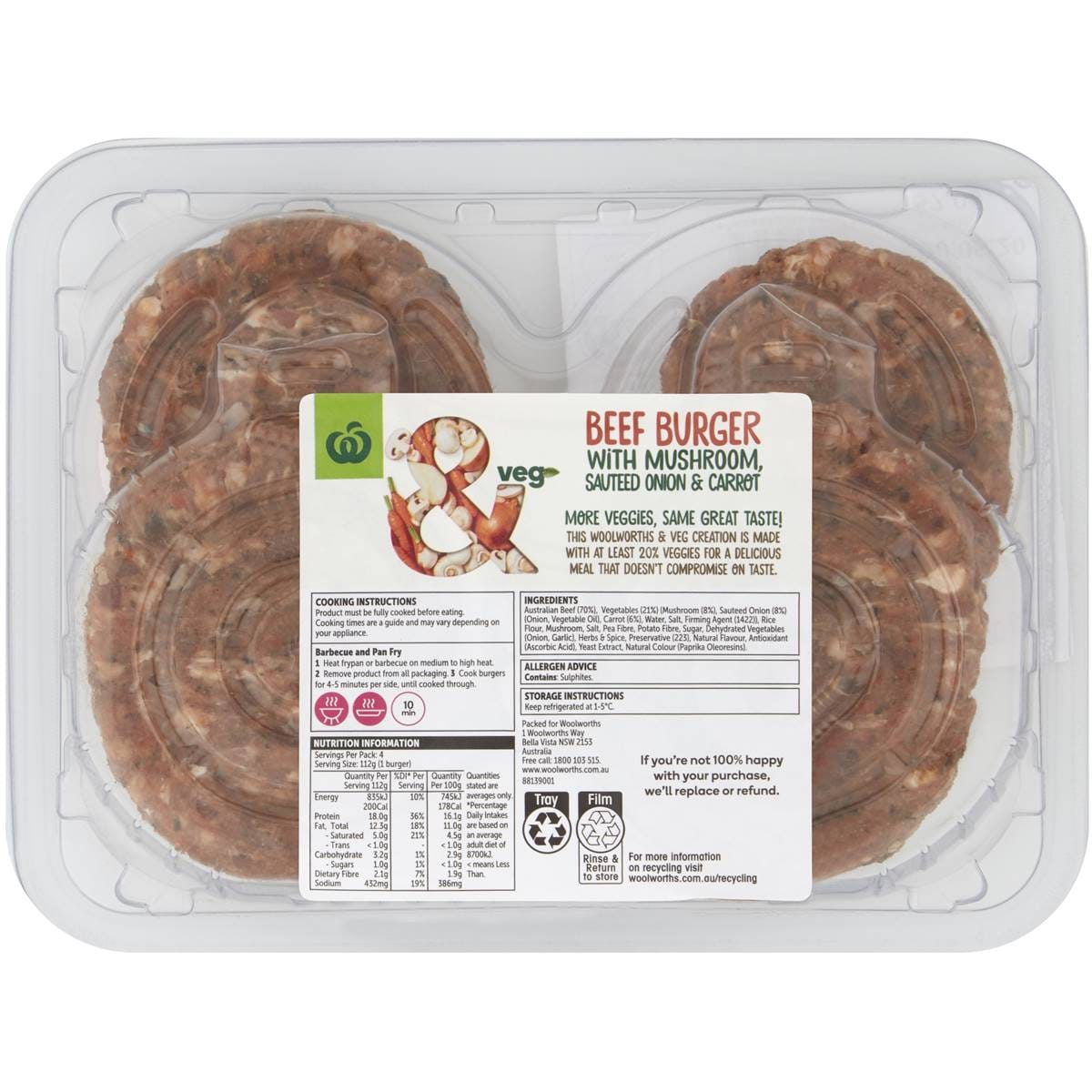 Woolworths &veg Beef Burger With Mushroom Onion & Carrot 450g Woolworths