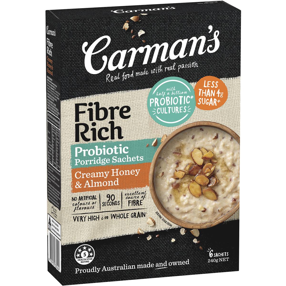 Carman's Fibre Rich Probiotic Porridge Sachets Creamy Honey & Almond 6