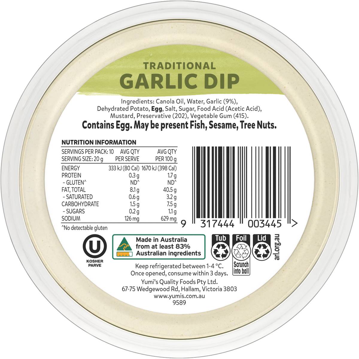 Yumi's Traditional Garlic Dip 200g Woolworths