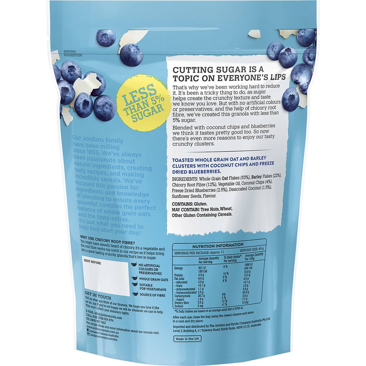 Jordans Low Sugar Granola Blueberry & Coconut 500g Woolworths