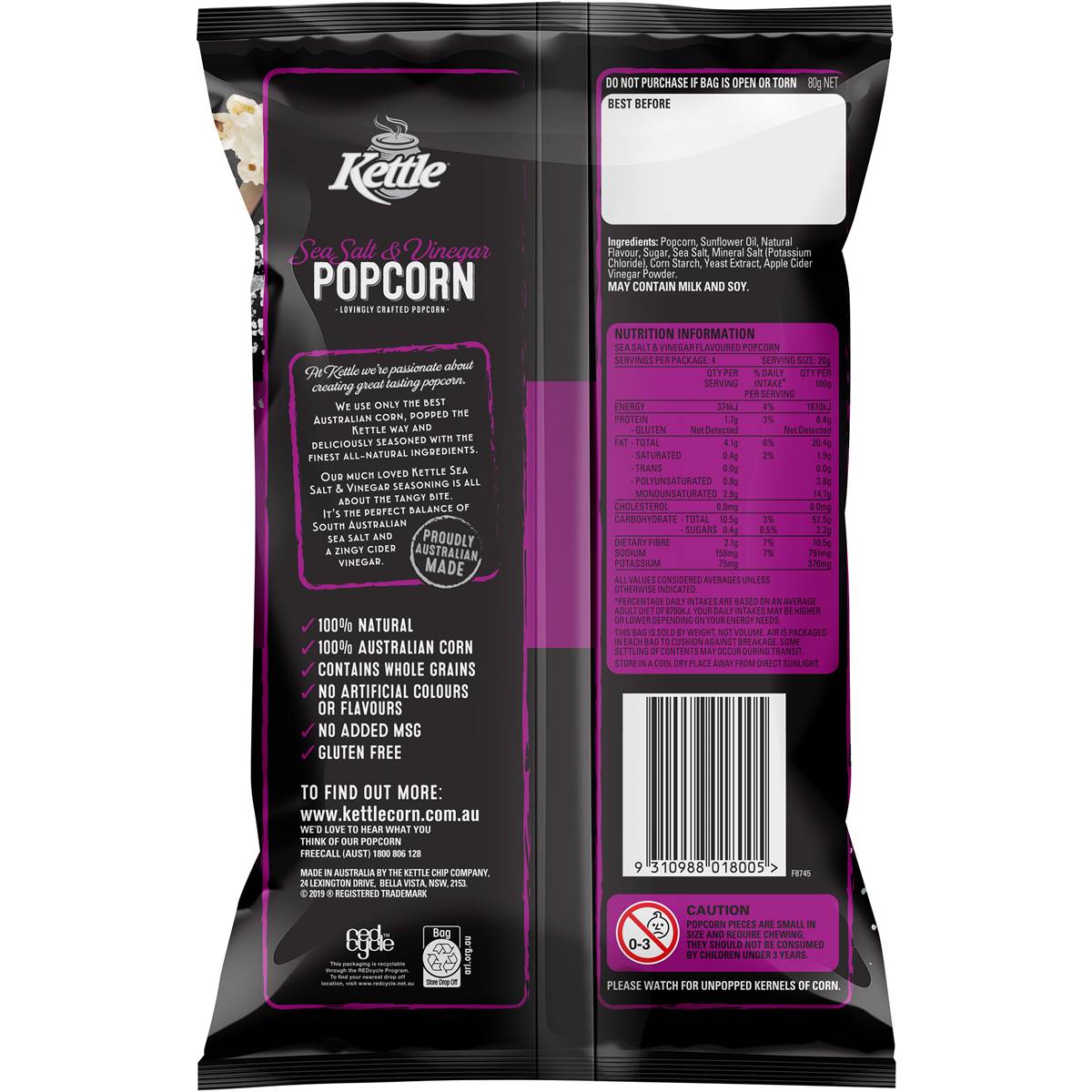 Kettle Popcorn Sea Salt & Vinegar 80g Woolworths