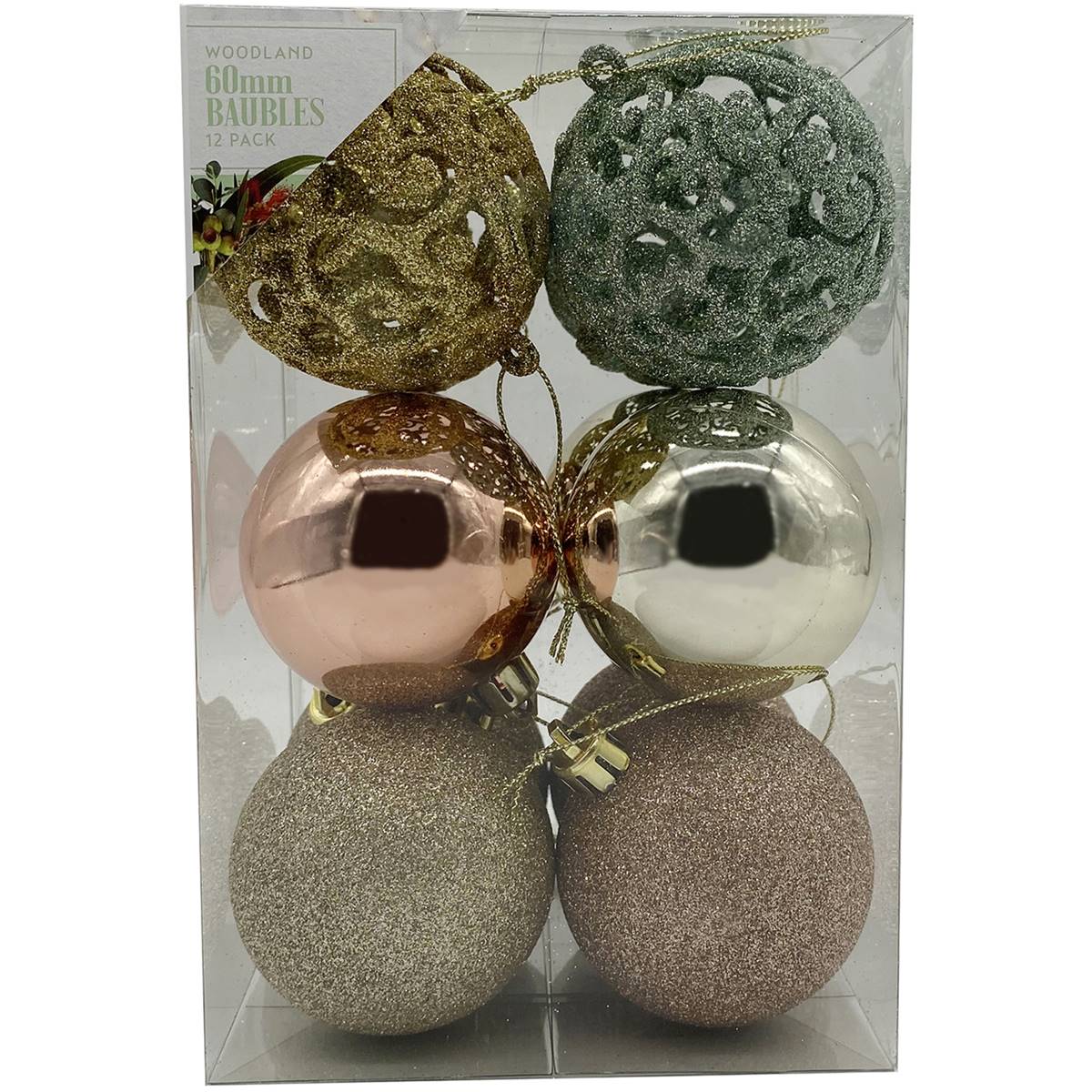 Christmas Woodland 60mm Baubles Assorted 12 Pack | Woolworths