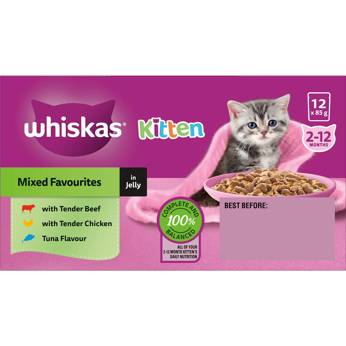 Whiskas Kitten 212 Months Wet Cat Food Mixed Favourites In Jelly 85g X 12 Pack Woolworths