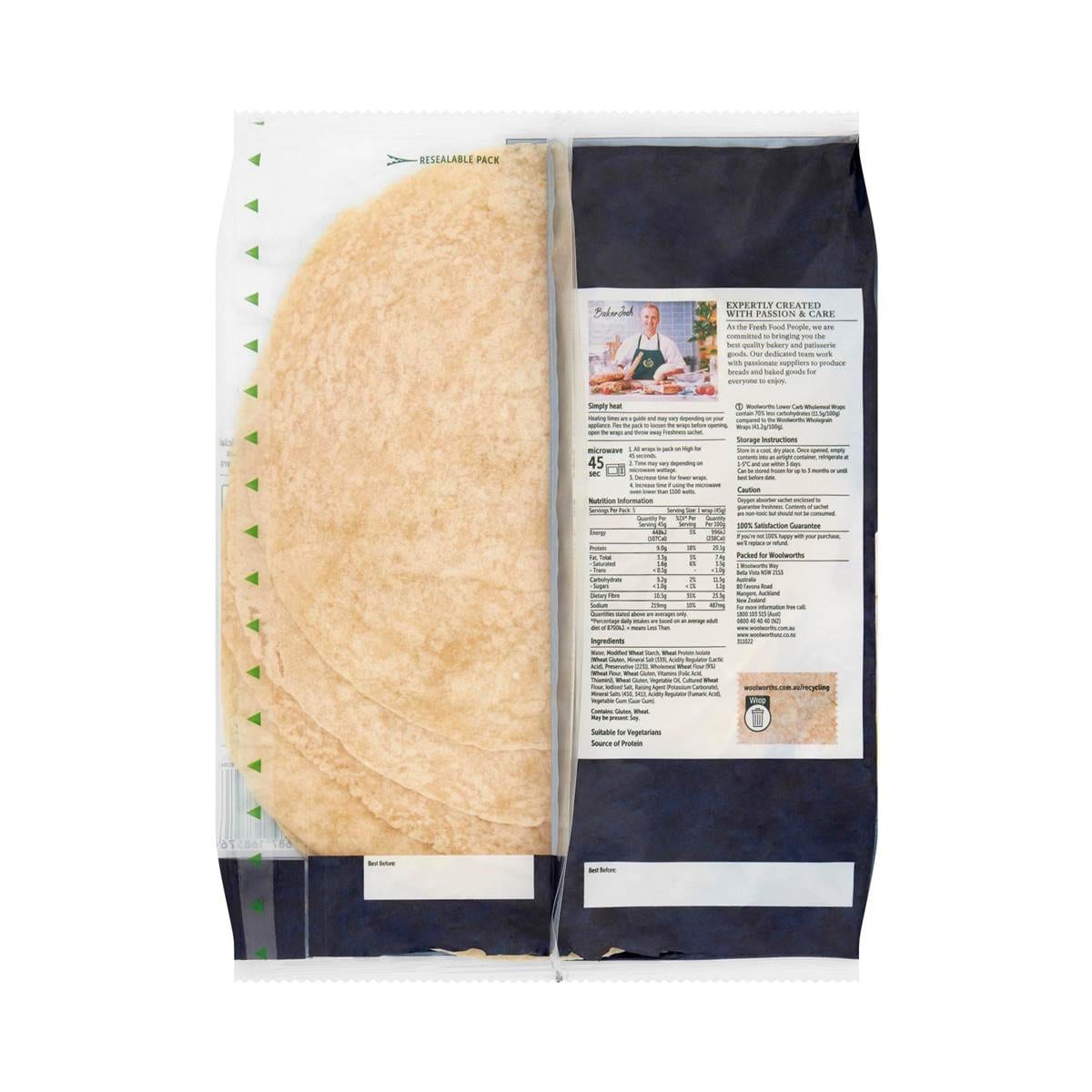 Woolworths Lower Carb Wholemeal Wrap 5 Pack Woolworths