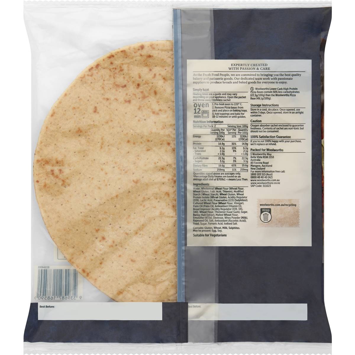 Woolworths High Protein Lower Carb Thin Crust Pizza Base 2 Pack Woolworths