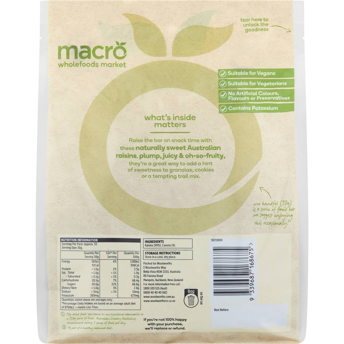 Macro Australian Raisins 1kg Woolworths