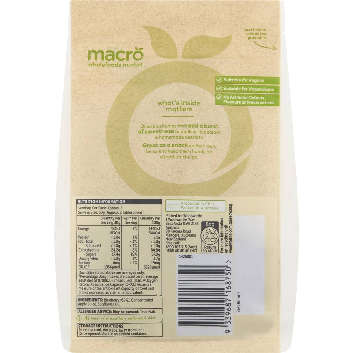 Macro Dried Blueberries 100g Woolworths