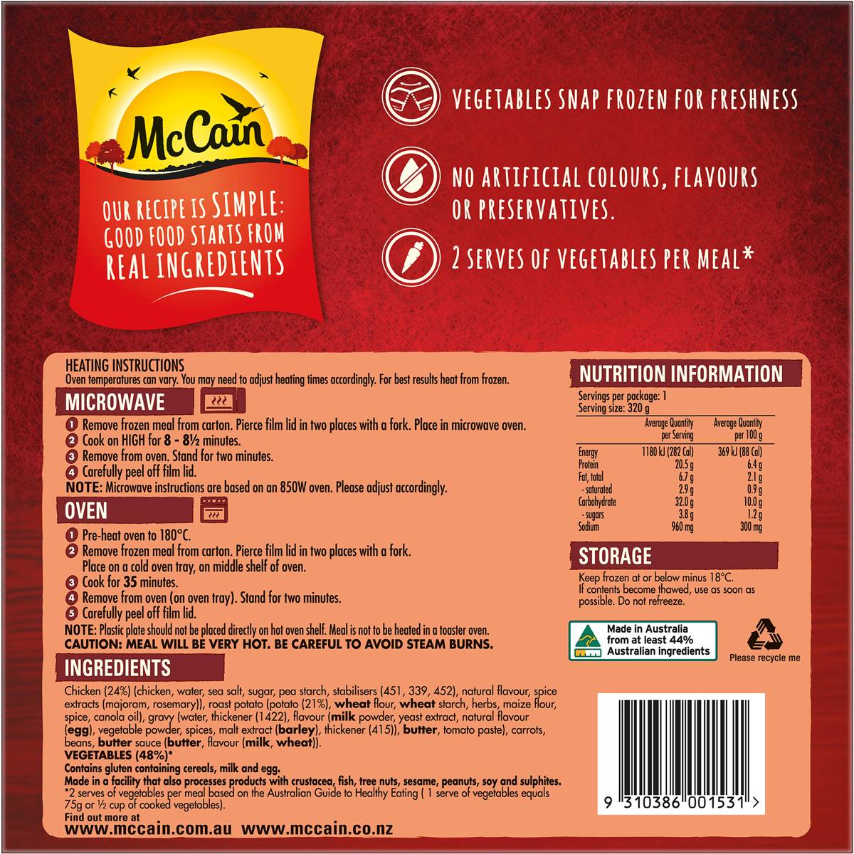 Mccain Dinner Roast Chicken Frozen Meal 320g Woolworths