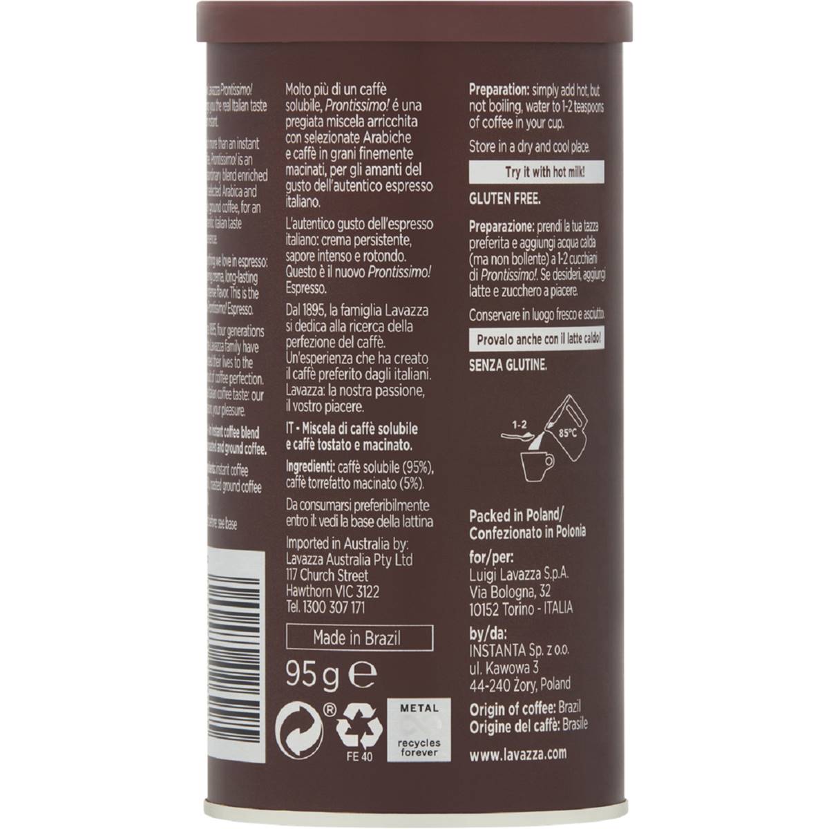 Lavazza Prontissimo Espresso 95g | Woolworths