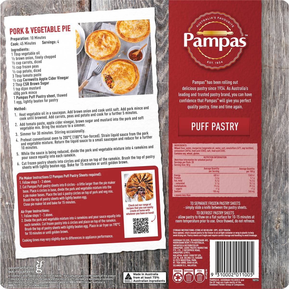 Pampas Puff Pastry 6 Sheets 1kg Woolworths