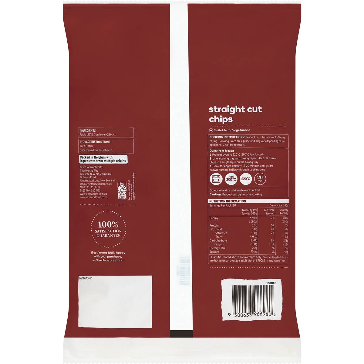 Essentials Frozen Straight Cut Potato Chips 1kg Woolworths