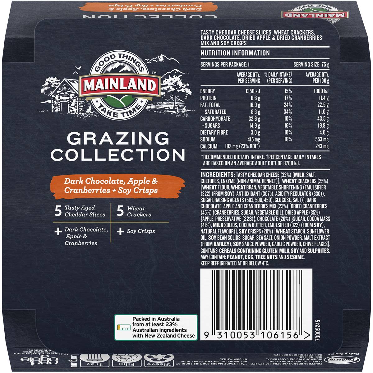 Mainland Grazing Collection Cheddar With Dark Choc Crisps & Fruit 75g Woolworths