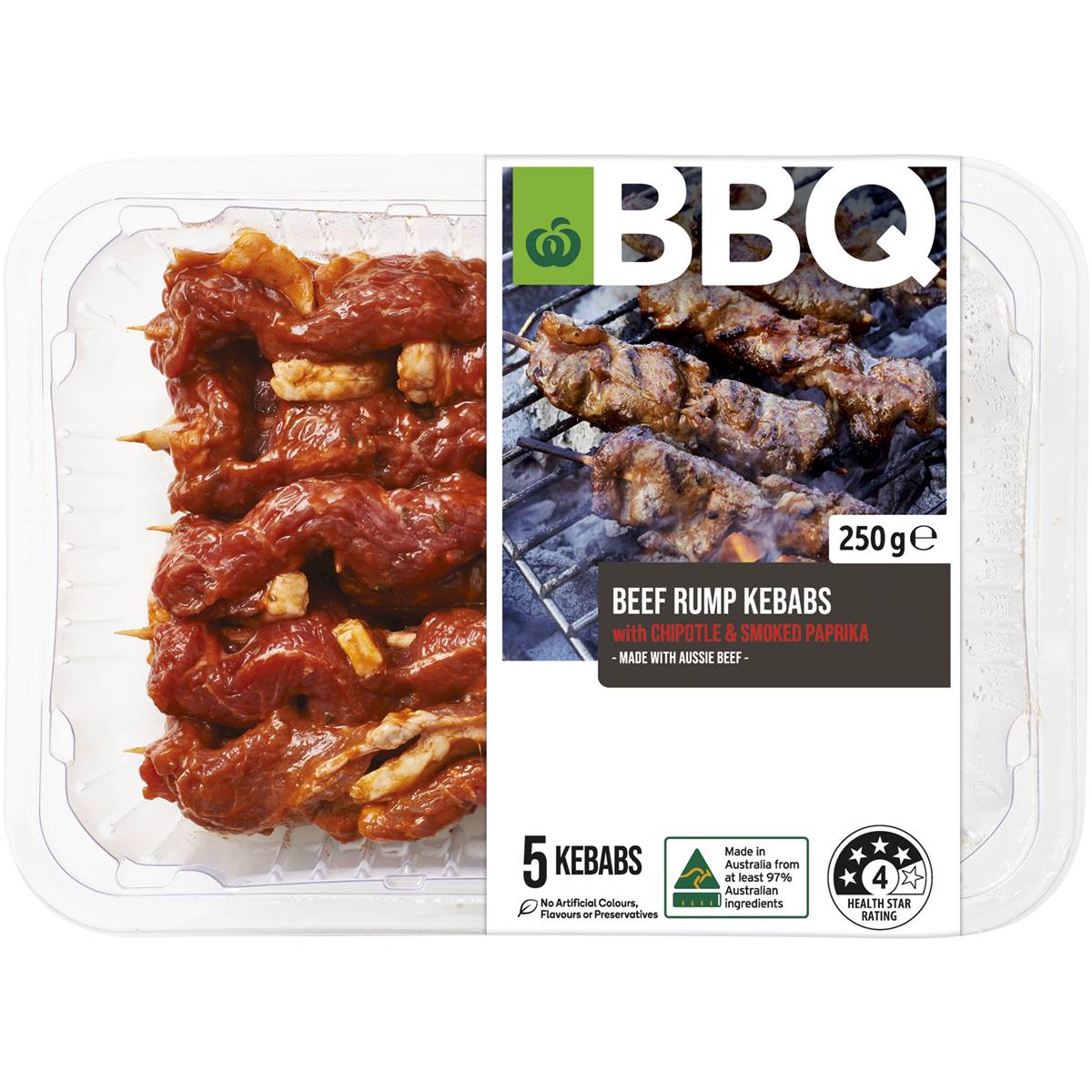 Woolworths Bbq Beef Rump Kebabs With Chipotle & Smoked Paprika 250g