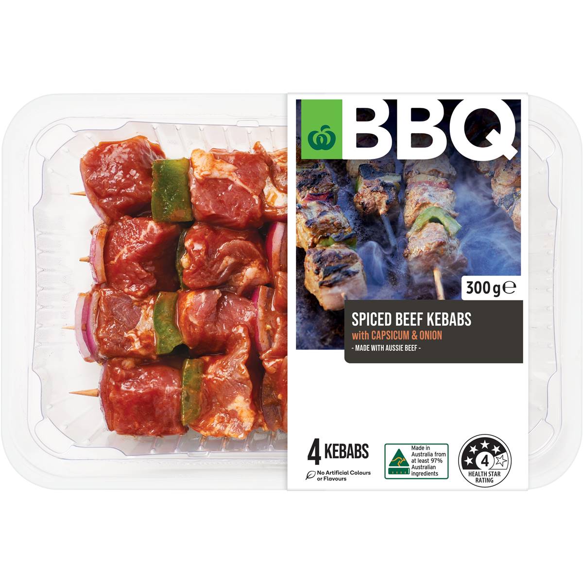 Woolworths Bbq Spiced Beef Kebabs With Capsicum & Onion 300g Woolworths