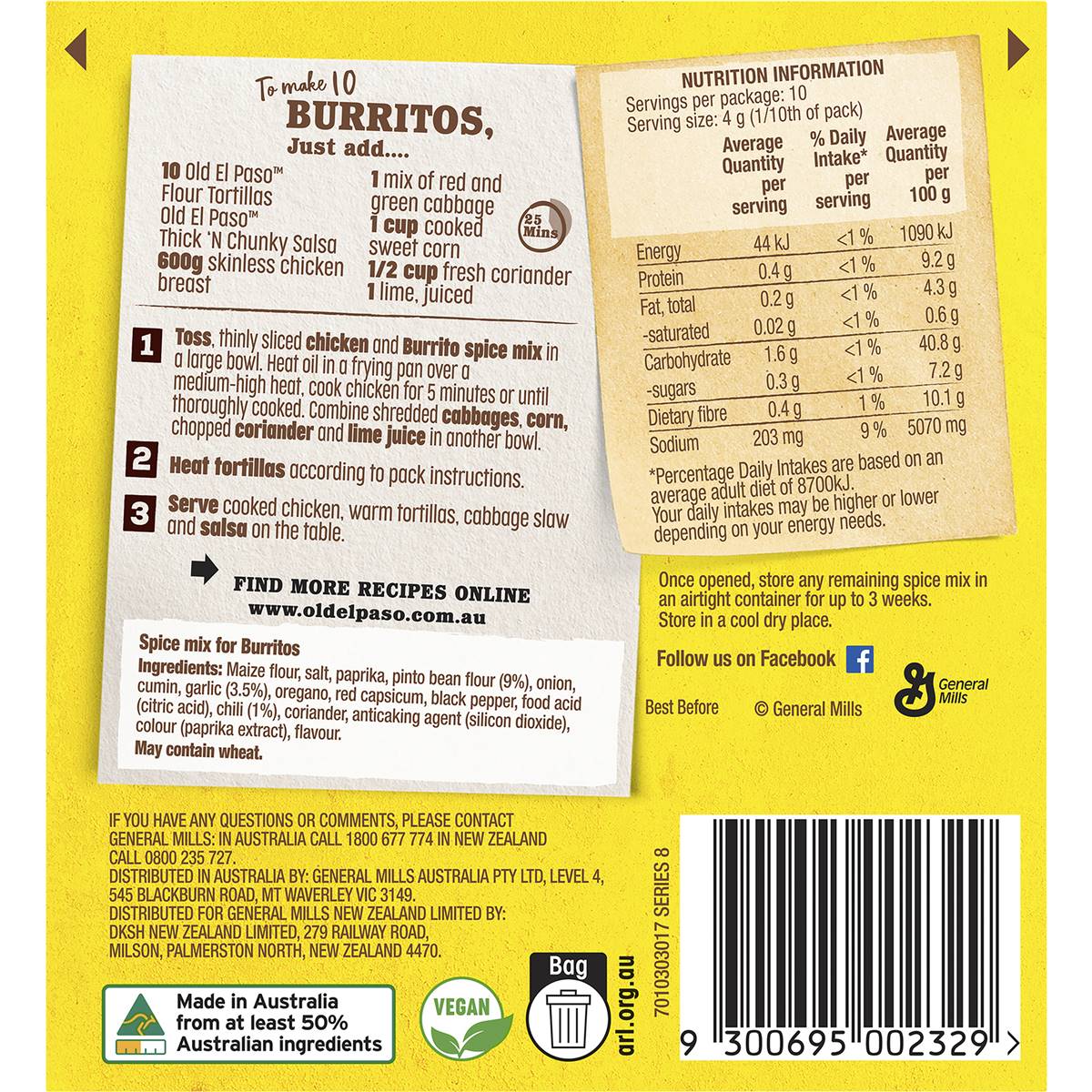 Old El Paso Burrito Spice Mix Burrito Spice Mix 40g Woolworths