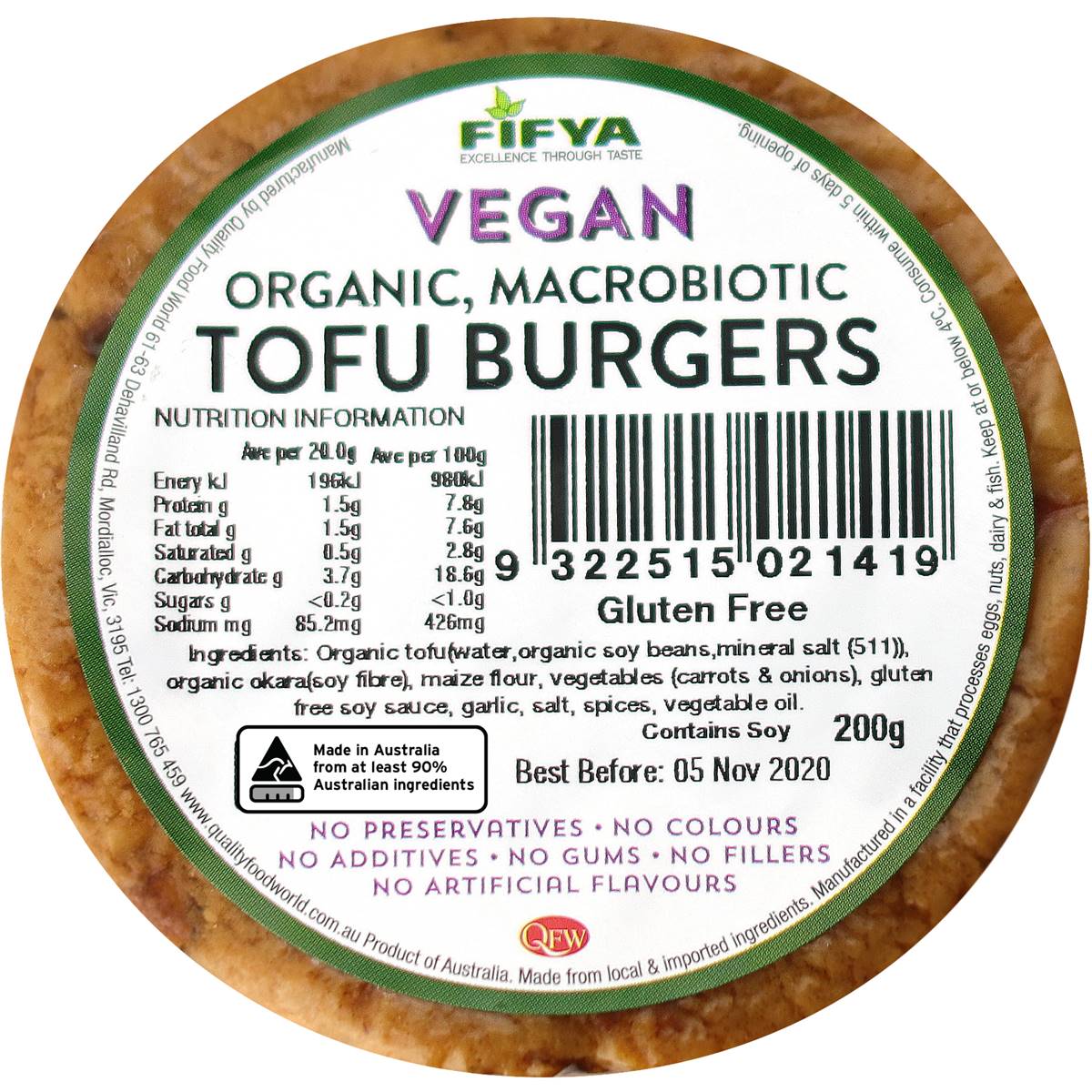 Fifya Organic Macrobiotic Tofu Burgers