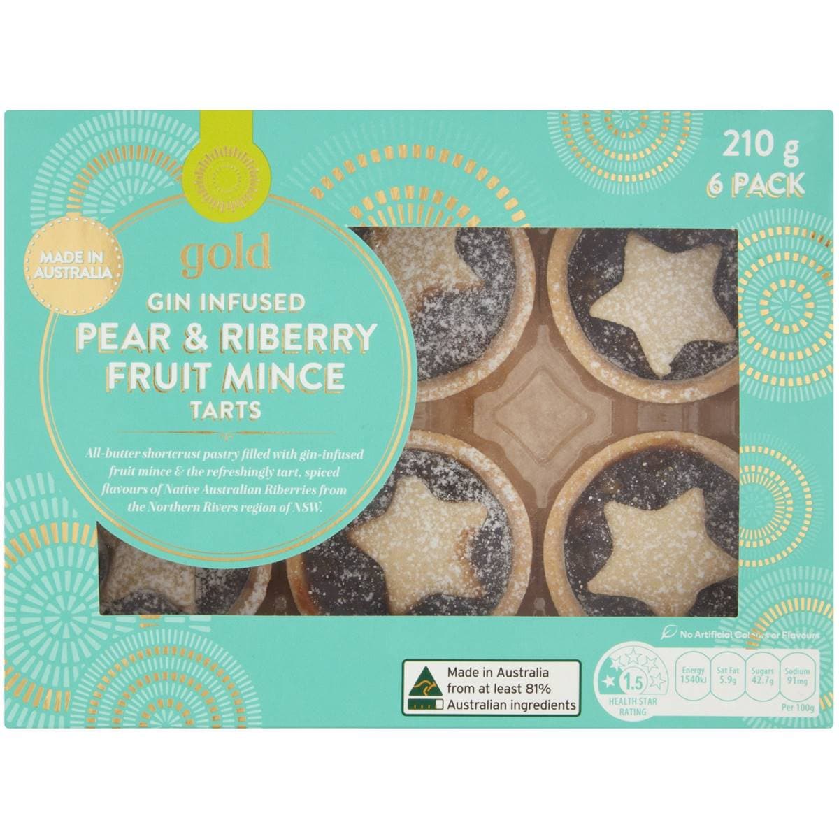 Woolworths Gold Gin Infused Pear & Riberry Fruit Mince Tarts 6 Pack Woolworths