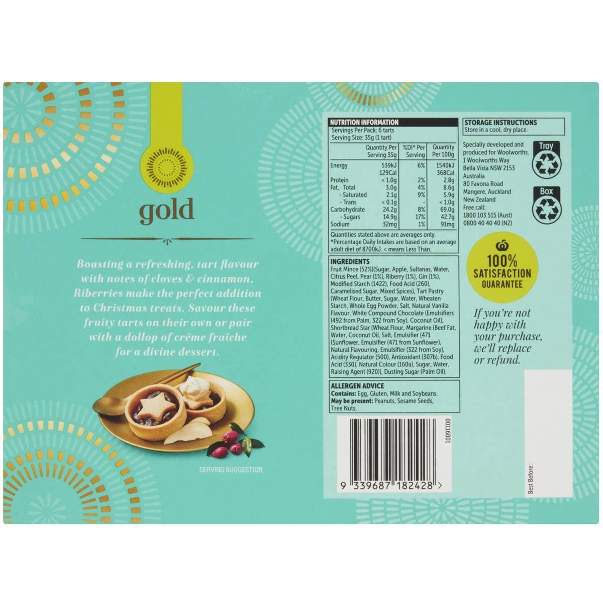 Woolworths Gold Gin Infused Pear & Riberry Fruit Mince Tarts 6 Pack Woolworths
