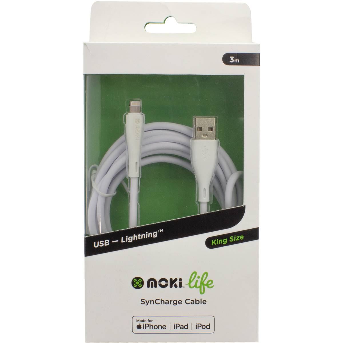 Moki Life Lightning Syncharge Cable 3m King Size Each Woolworths