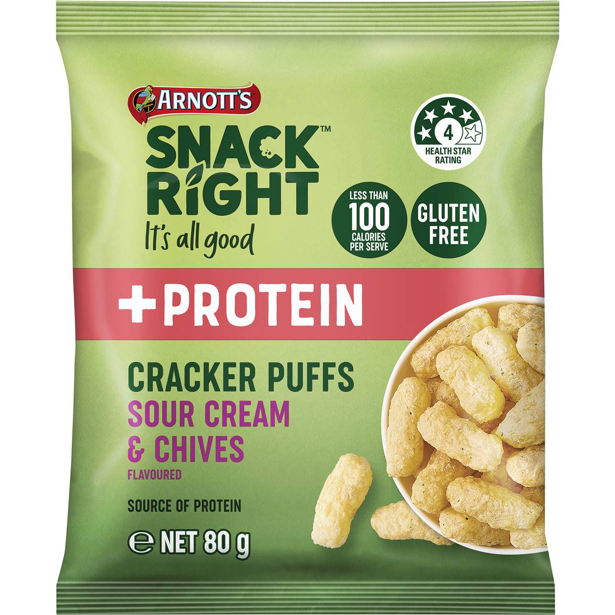 Arnott's Snack Right + Protein Cracker Puffs Sour Cream & Chives