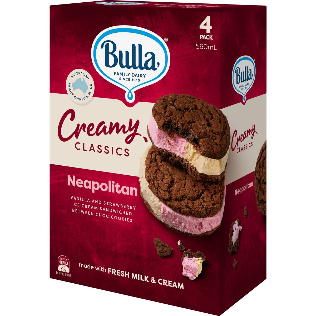 Bulla Creamy Classics Ice Cream Sandwich Neapolitan 4 Pack Woolworths