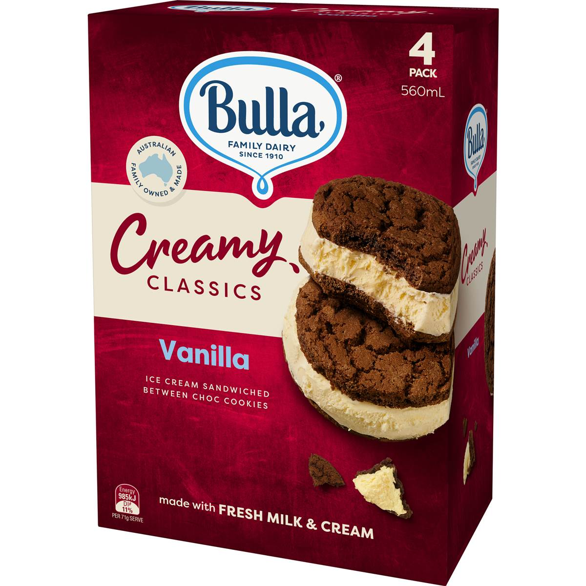 Bulla Creamy Classics Ice Cream Sandwich Vanilla 4 Pack Woolworths