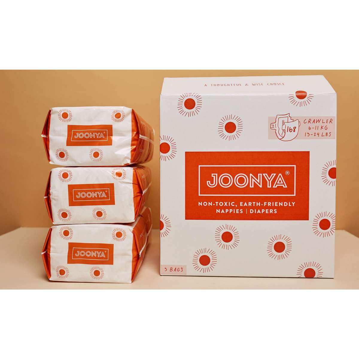 Joonya Nontoxic Baby Nappies Carton Crawler Size 611 kg 3 x 56 pack