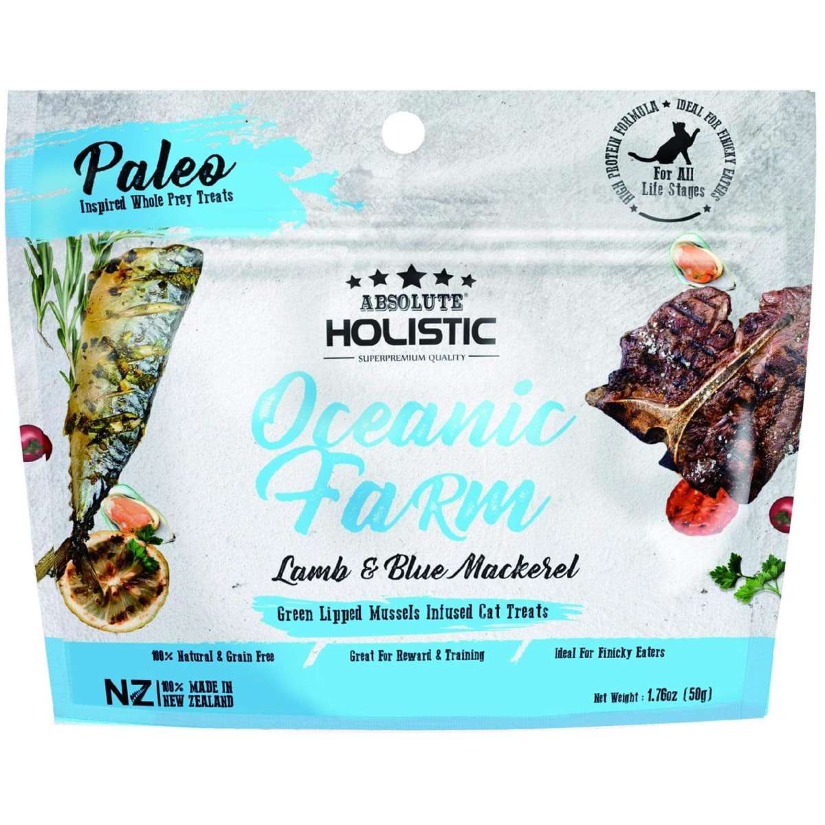 Absolute Holistic Air Dried Natural Cat Treats Oceanic Farm Blue Mackerel & Lamb 50gr 50g