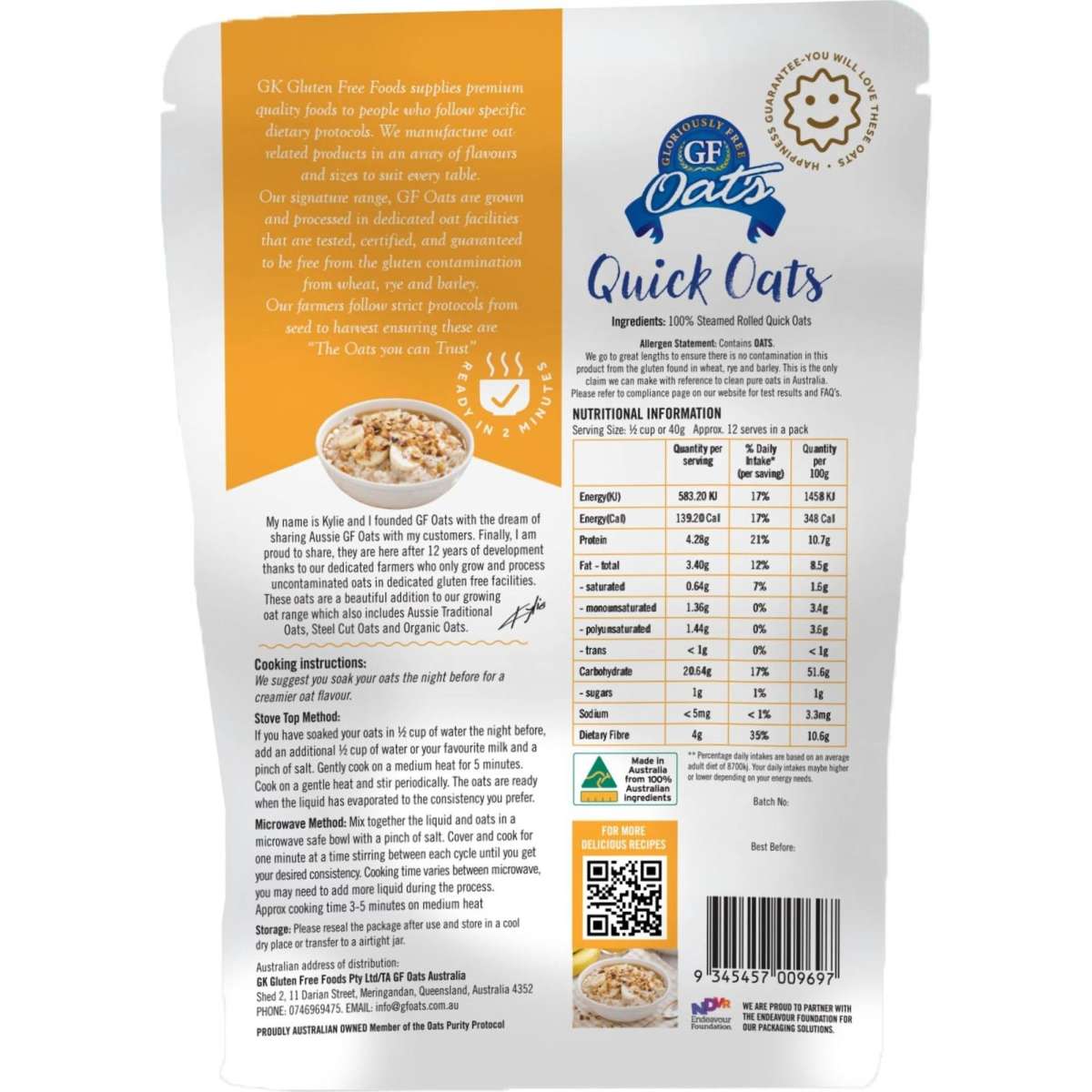 Gloriously Free Gf Rolled Quick Oats 450g Woolworths