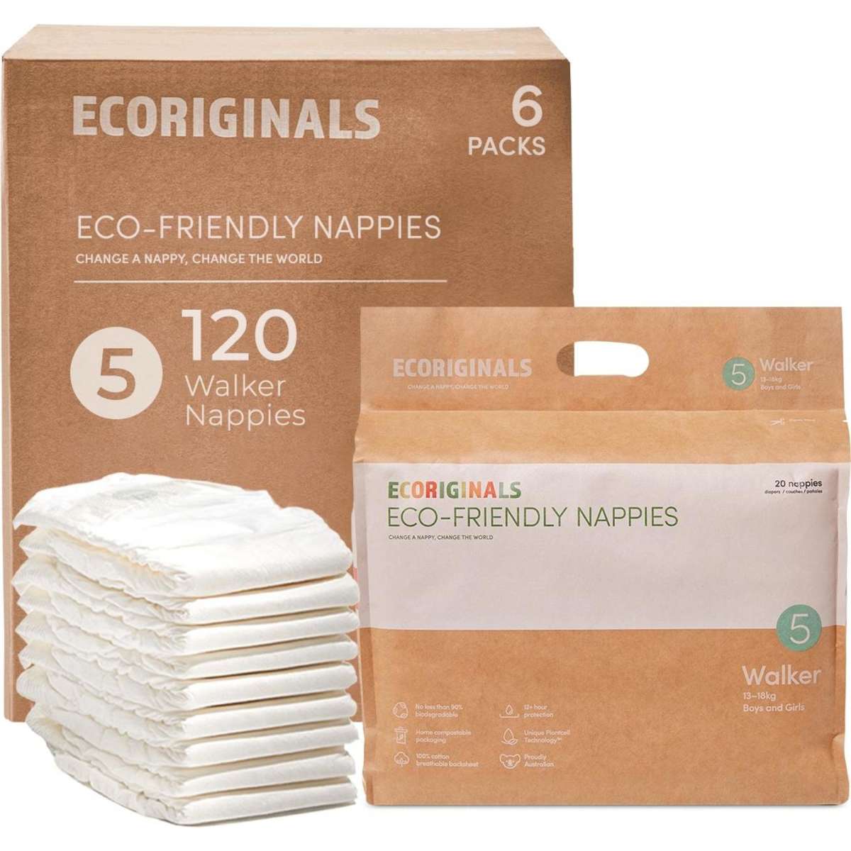 Ecoriginals Eco Nappies Walker 1318kg Plant Based 6 X 20 Pack (120