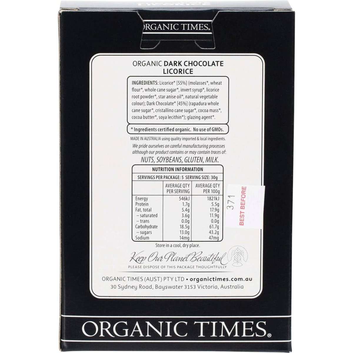 Organic Times Dark Chocolate Licorice 150g Woolworths