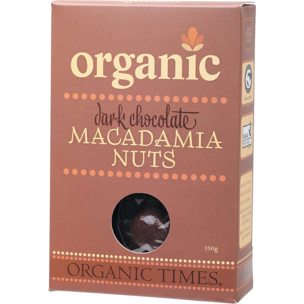 Organic Times Dark Chocolate Macadamia Nuts 150g Woolworths