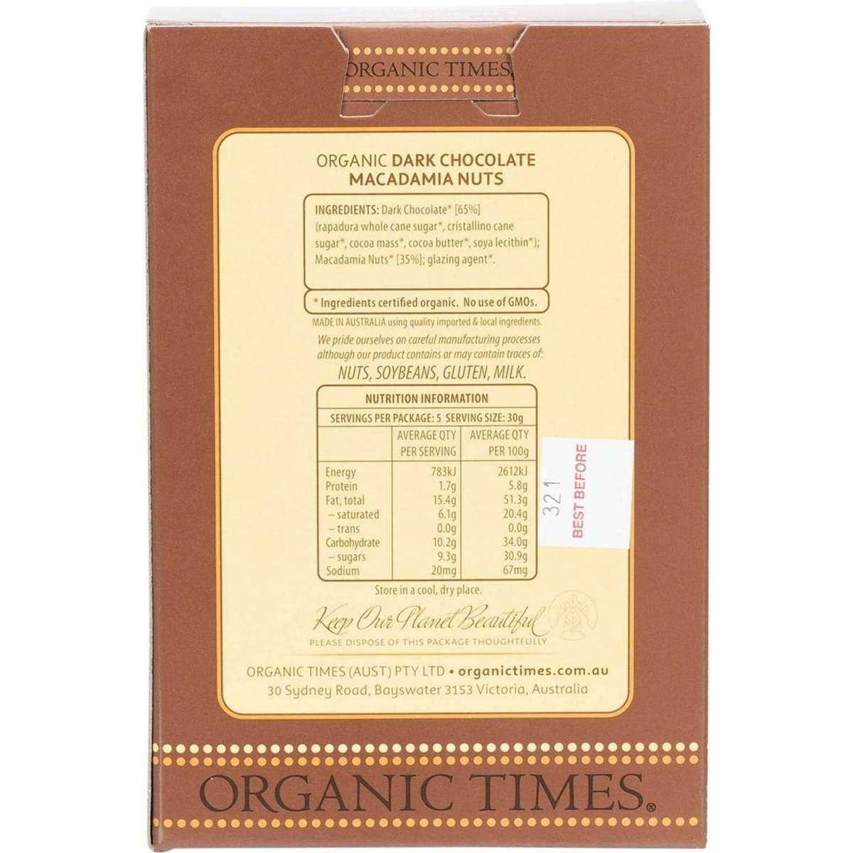 Organic Times Dark Chocolate Macadamia Nuts 150g Woolworths