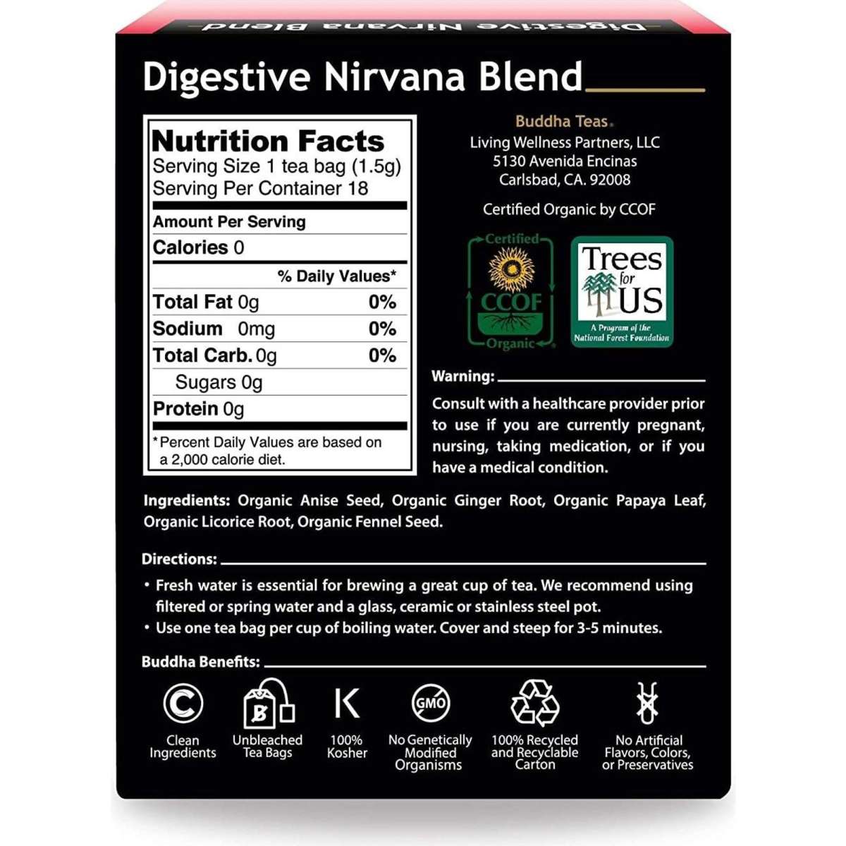 Buddha Teas Organic Herbal Tea Bags Digestive Nirvana Blend 18 Pack