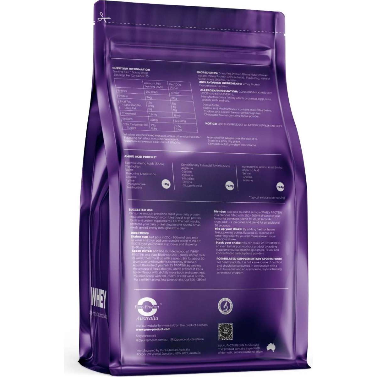 Pure Product Australia Whey Protein Isolate Concentrate Chocolate 1000g