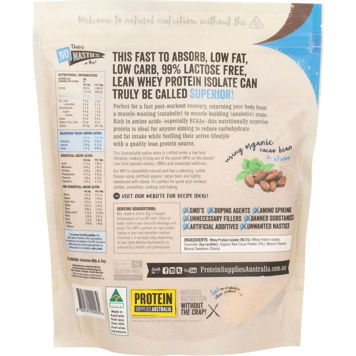 Protein Supplies Aust Wpi (Whey Protein Isolate) Chocolate 500g
