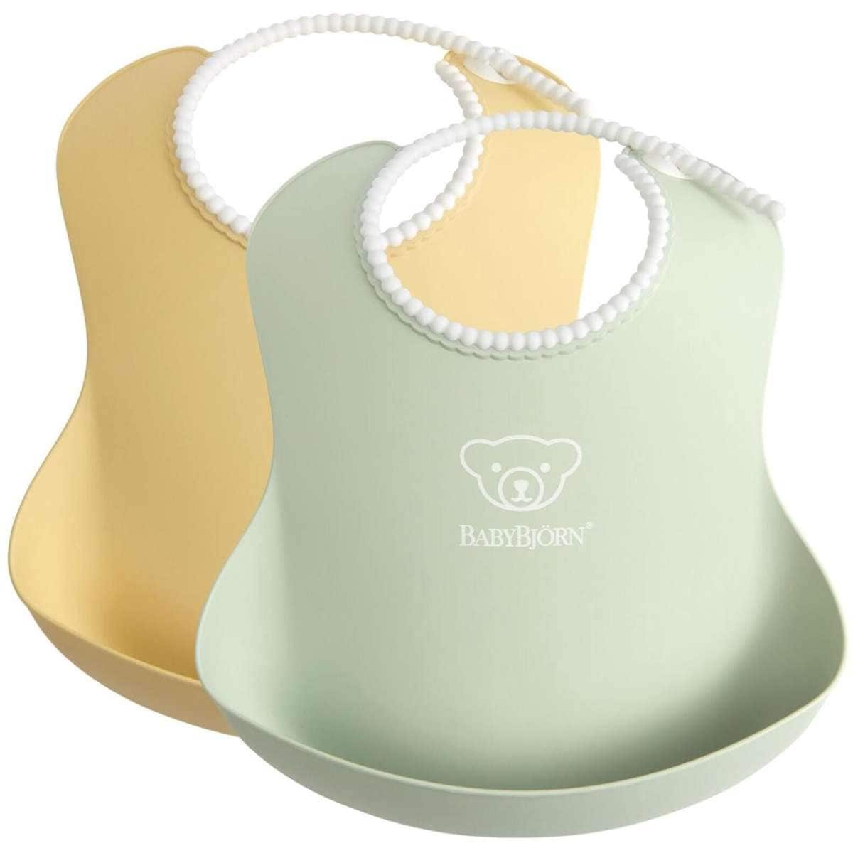 BabyBjorn Baby Bib, 2 Pack (Powder Yellow/Green) Neck Size 19 30cm Woolworths