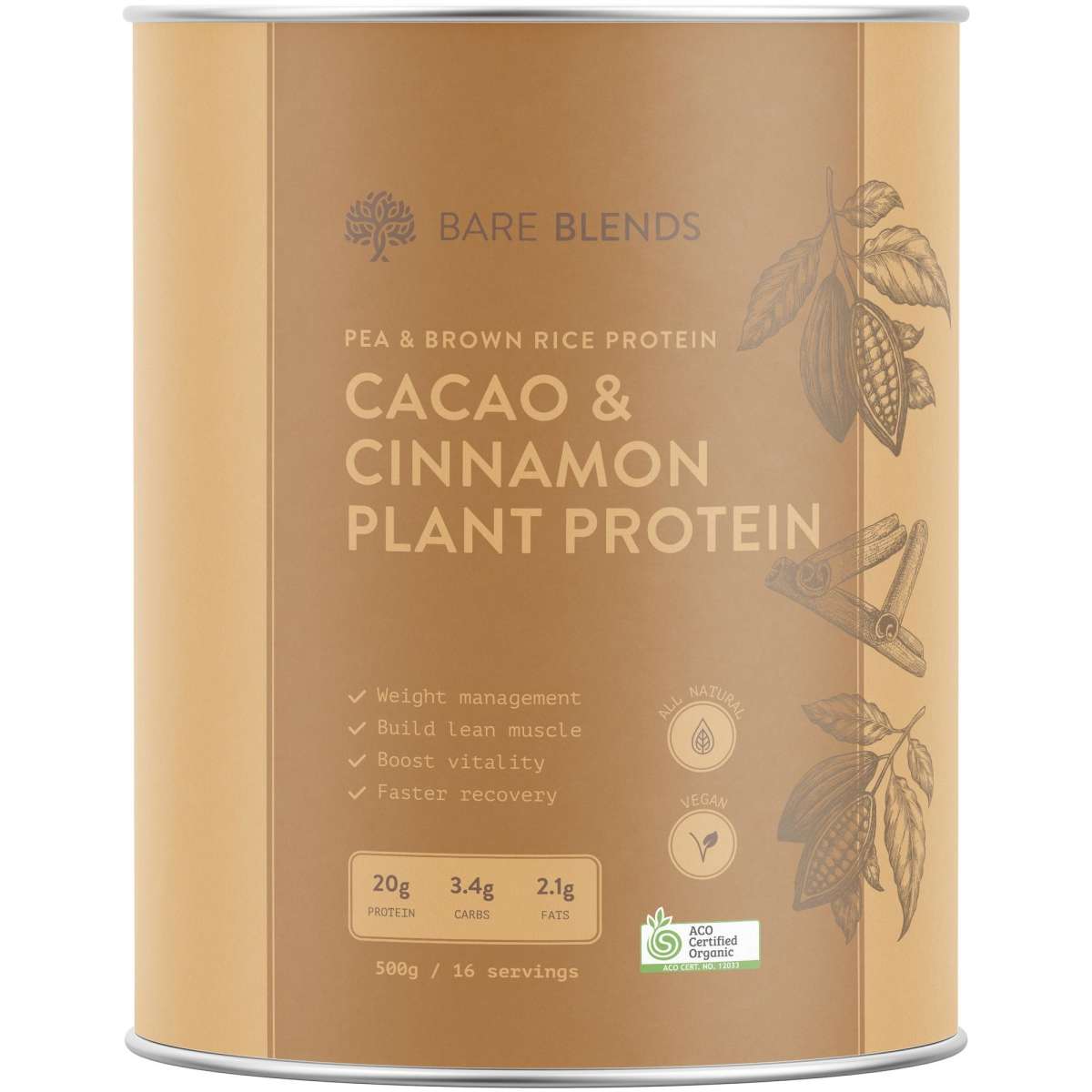 Bare Blends Cacao & Cinnamon Plant Protein 500g Woolworths