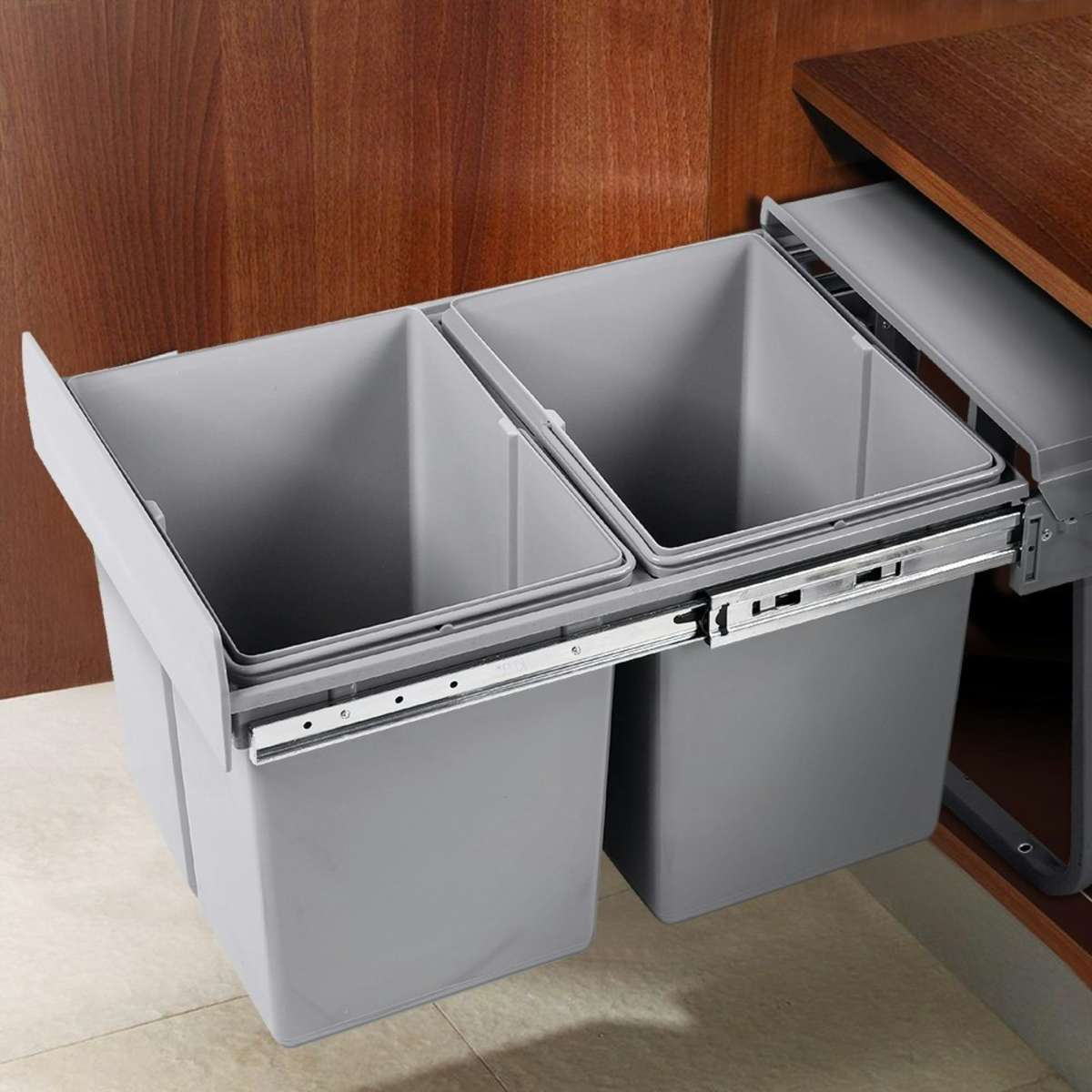 Cefito Pull Out Bin Kitchen Double Basket 2X20L Grey | Woolworths