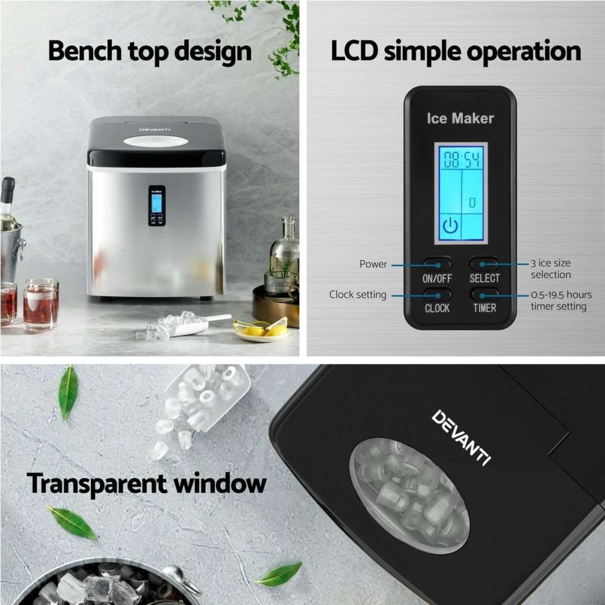 Devanti Ice Maker Machine Commercial Stainless Steel Portable Ice Cube