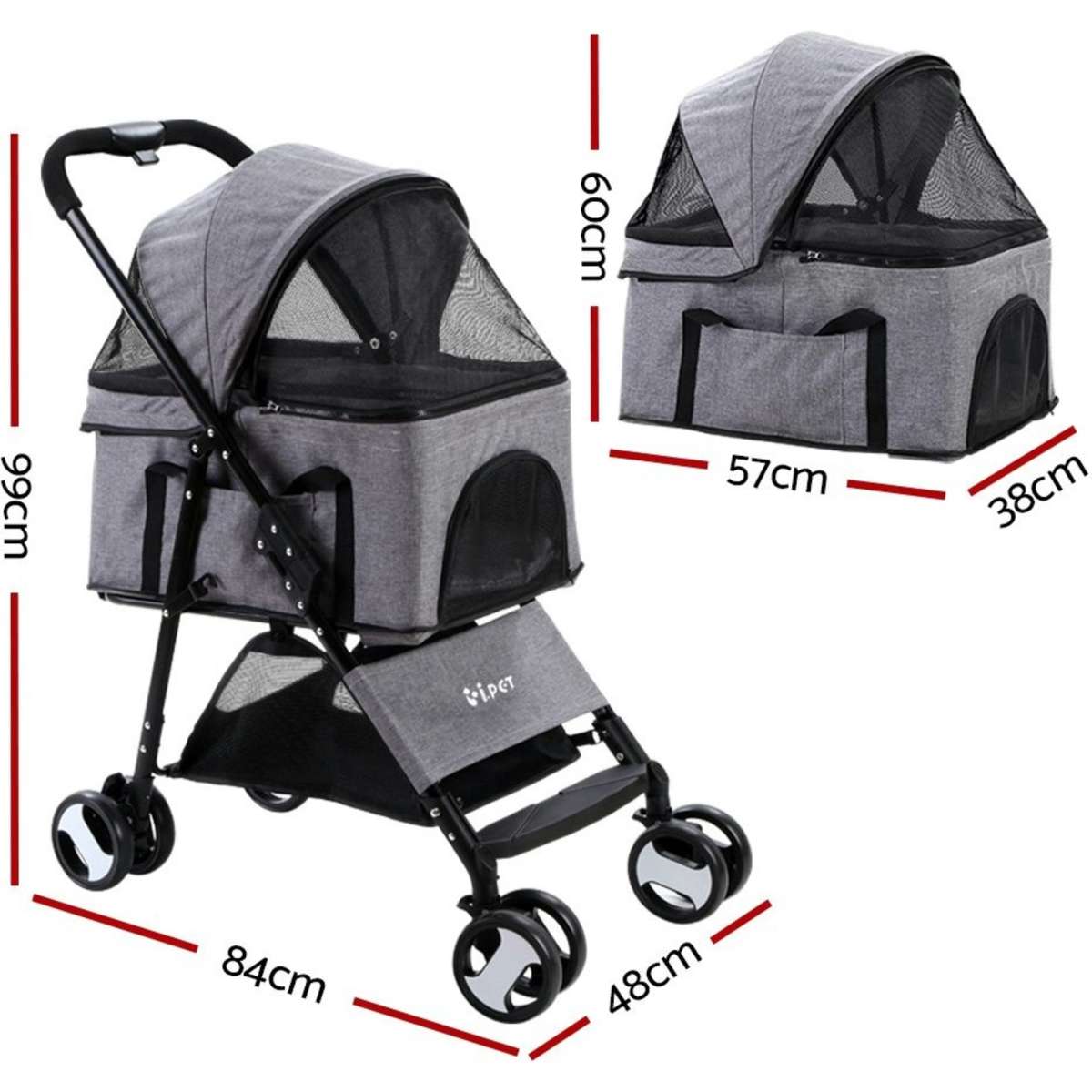 i.Pet Pet Stroller Dog Cat Cage Carrier Travel Pushchair Foldable 3 IN