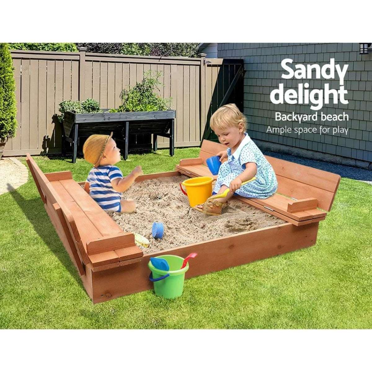 Keezi Kids Sandpit Wooden Sandbox Sand Pit Foldable Seat Outdoor Beach