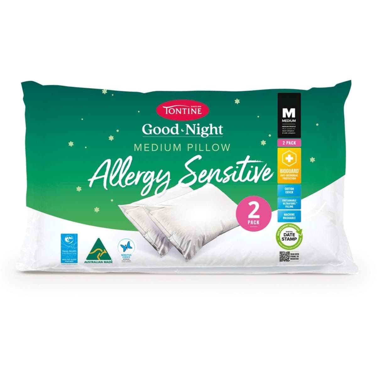Tontine Allergy Sensitive Pillow 2 Pack Medium Woolworths