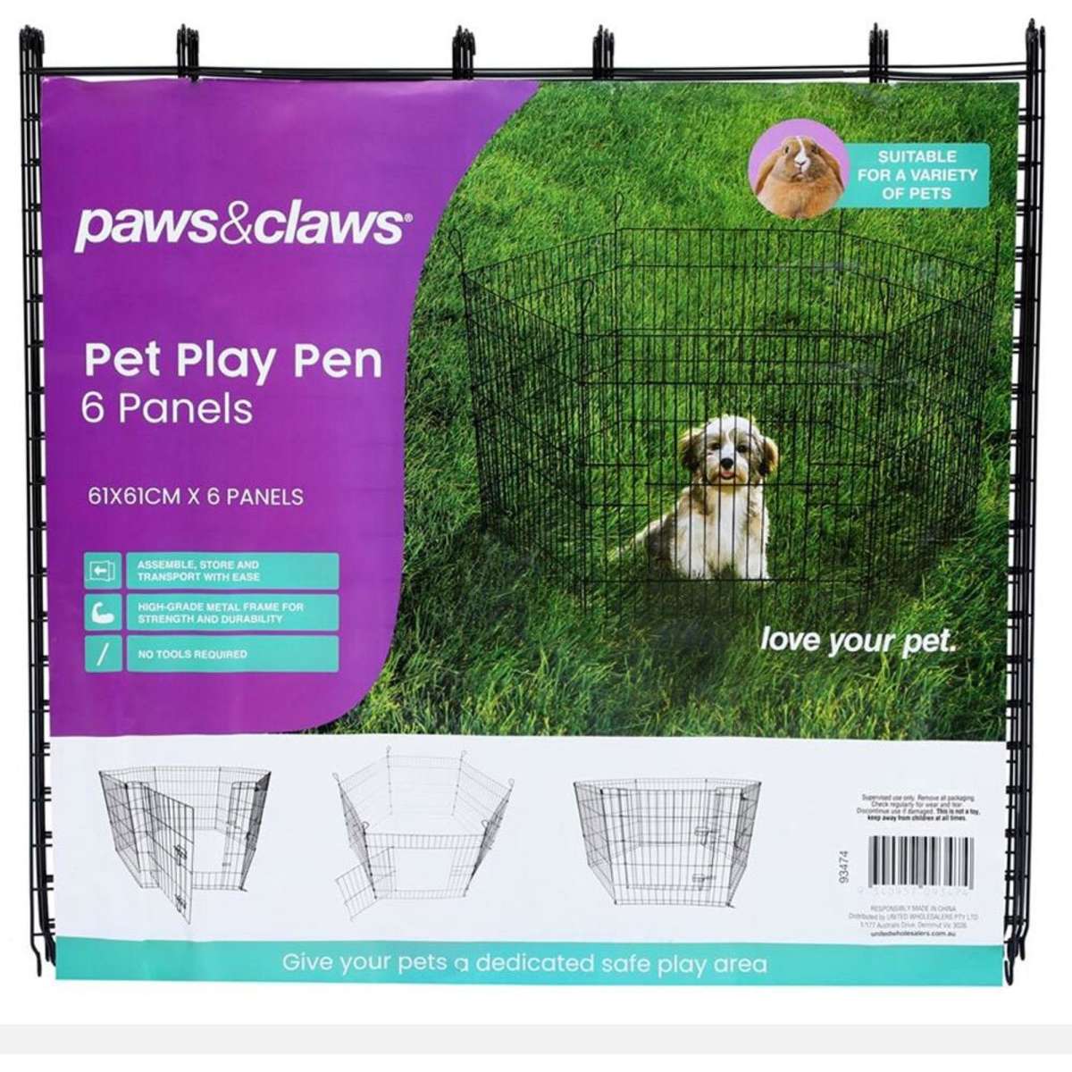 6pc-paws-claws-pet-play-pen-6-sided-medium-61x61cm-woolworths