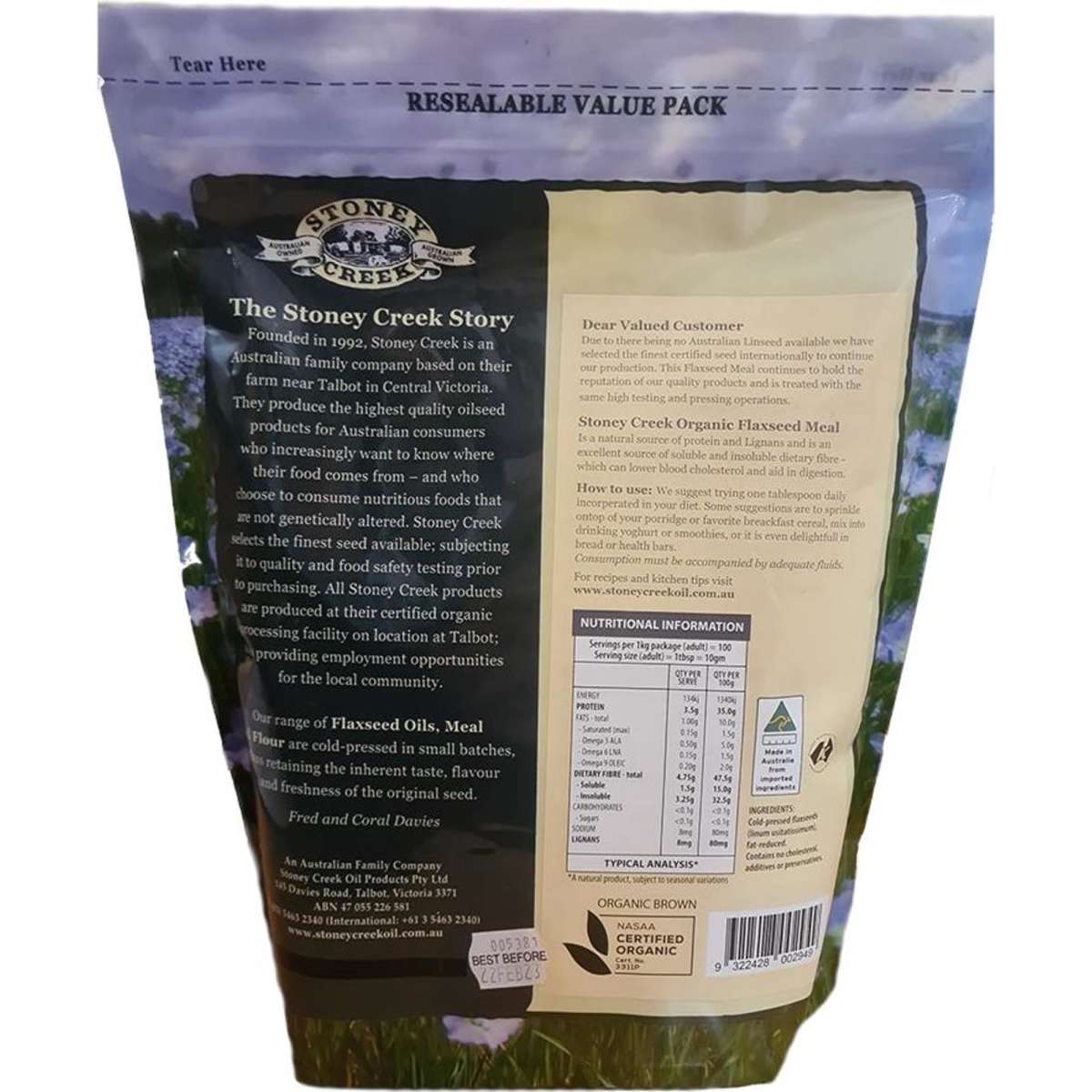 Stoney Creek Brown Flaxseed Meal Organic 1kg Woolworths